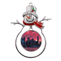 Skyline Sunset United States Reflection Usa,new York Manhattan Metal Snowman Ornament by Bakwanart