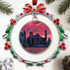 Skyline Sunset United States Reflection Usa,new York Manhattan Metal X mas Wreath Ribbon Ornament