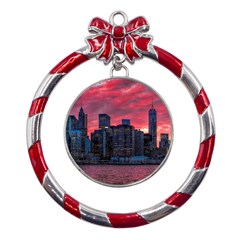 Skyline Sunset United States Reflection Usa,new York Manhattan Metal Red Ribbon Round Ornament by Bakwanart