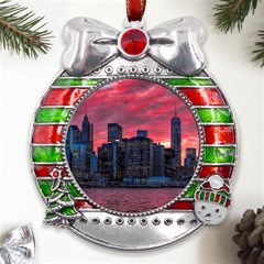 Skyline Sunset United States Reflection Usa,new York Manhattan Metal X mas Ribbon With Red Crystal Round Ornament by Bakwanart