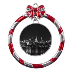 Photography Of Buildings New York City  Nyc Skyline Metal Red Ribbon Round Ornament by Bakwanart