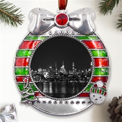 Photography Of Buildings New York City  Nyc Skyline Metal X mas Ribbon With Red Crystal Round Ornament by Bakwanart