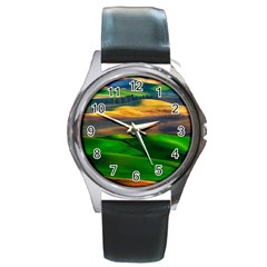 Grassland Nature Palouse Green Field Hill Sky Butte Round Metal Watch by Bakwanart