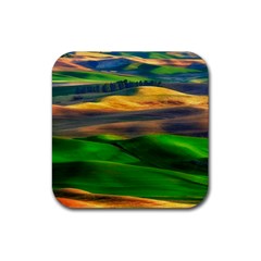 Grassland Nature Palouse Green Field Hill Sky Butte Rubber Coaster (square) by Bakwanart