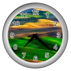 Grassland Nature Palouse Green Field Hill Sky Butte Wall Clock (silver) by Bakwanart