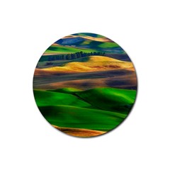 Grassland Nature Palouse Green Field Hill Sky Butte Rubber Round Coaster (4 Pack) by Bakwanart