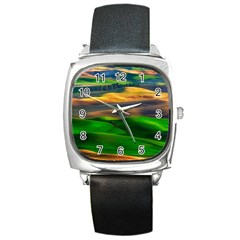 Grassland Nature Palouse Green Field Hill Sky Butte Square Metal Watch by Bakwanart