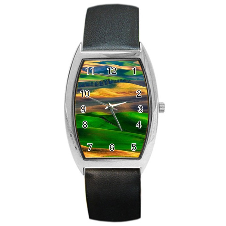 Grassland Nature Palouse Green Field Hill Sky Butte Barrel Style Metal Watch