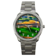 Grassland Nature Palouse Green Field Hill Sky Butte Sport Metal Watch by Bakwanart