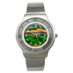 Grassland Nature Palouse Green Field Hill Sky Butte Stainless Steel Watch