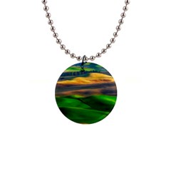 Grassland Nature Palouse Green Field Hill Sky Butte 1  Button Necklace by Bakwanart