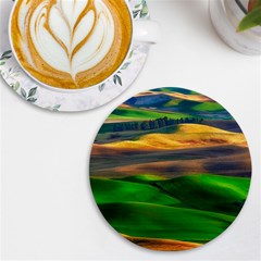 Grassland Nature Palouse Green Field Hill Sky Butte Uv Print Round Tile Coaster by Bakwanart