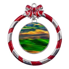 Grassland Nature Palouse Green Field Hill Sky Butte Metal Red Ribbon Round Ornament by Bakwanart