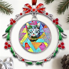 Kitten Cat Pet Animal Adorable Fluffy Cute Kitty Metal X mas Wreath Ribbon Ornament by 99art