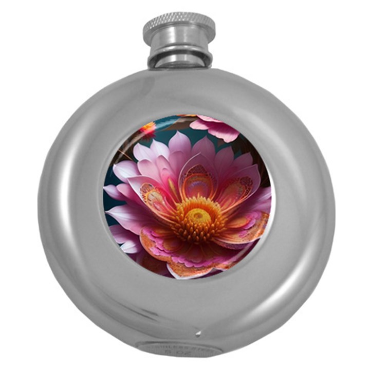 Pink Flowers Petals Blossoms Blooms Art Round Hip Flask (5 oz)