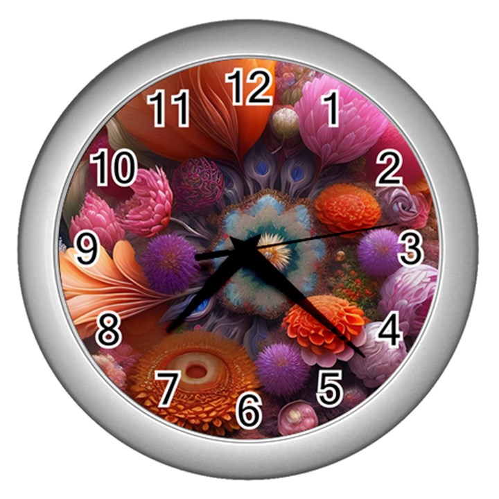 Flower Blossoms Petals Blooms Wall Clock (Silver)