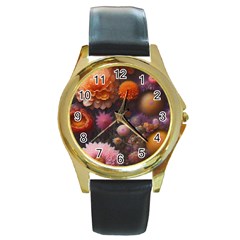 Flowers Petals Blossoms Art Flora Round Gold Metal Watch by 99art