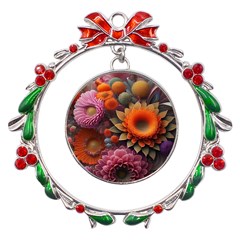 Flowers Flower Blossoms Petals Blooms Metal X mas Wreath Ribbon Ornament by 99art