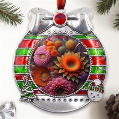 Flowers Flower Blossoms Petals Blooms Metal X mas Ribbon With Red Crystal Round Ornament