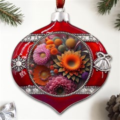 Flowers Flower Blossoms Petals Blooms Metal Snowflake And Bell Red Ornament