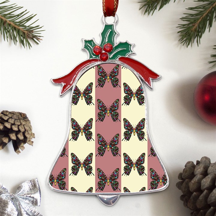 Butterflies Pink Old Ancient Texture Decorative Metal Holly Leaf Bell Ornament