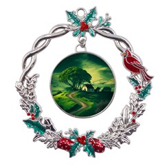 Landscape Scenery Nature Artwork Metal X mas Wreath Holly Leaf Ornament