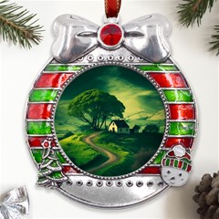 Landscape Scenery Nature Artwork Metal X mas Ribbon With Red Crystal Round Ornament