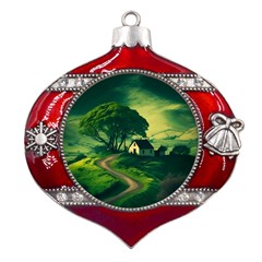 Landscape Scenery Nature Artwork Metal Snowflake And Bell Red Ornament