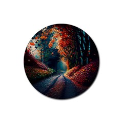 Forest Autumn Fall Painting Rubber Coaster (round) by 99art