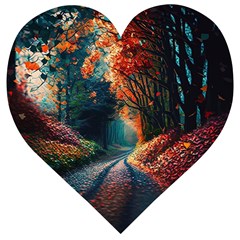 Forest Autumn Fall Painting Wooden Puzzle Heart by 99art