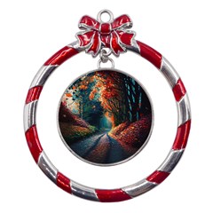 Forest Autumn Fall Painting Metal Red Ribbon Round Ornament by 99art