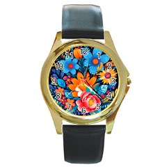 Flowers Bloom Spring Colorful Artwork Decoration Round Gold Metal Watch by 99art