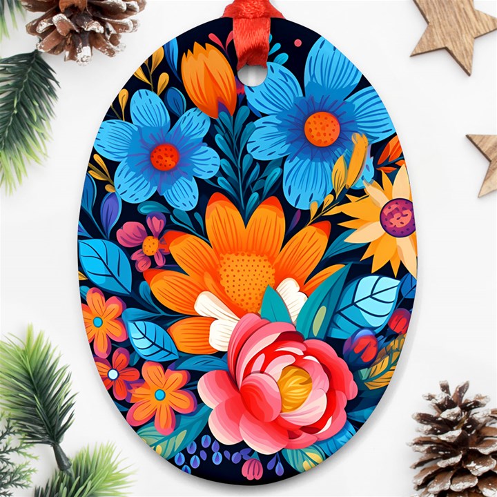 Flowers Bloom Spring Colorful Artwork Decoration Oval Ornament (Two Sides)