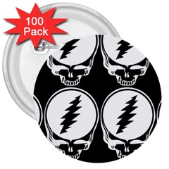 Black And White Deadhead Grateful Dead Steal Your Face Pattern 3  Buttons (100 Pack)  by 99art