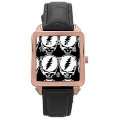 Black And White Deadhead Grateful Dead Steal Your Face Pattern Rose Gold Leather Watch  by 99art