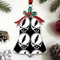 Black And White Deadhead Grateful Dead Steal Your Face Pattern Metal Holly Leaf Bell Ornament by 99art