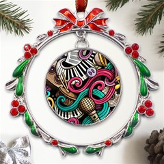 Doodle Colorful Music Doodles Metal X mas Wreath Ribbon Ornament