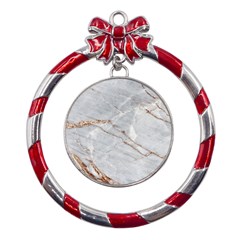 Gray Light Marble Stone Texture Background Metal Red Ribbon Round Ornament by Vaneshart