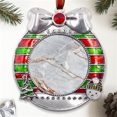 Gray Light Marble Stone Texture Background Metal X mas Ribbon With Red Crystal Round Ornament by Vaneshart