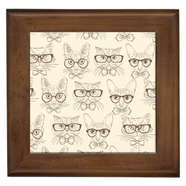 Seamless Pattern Hand Drawn-cats-with Hipster Accessories Framed Tile