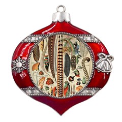 Feathers Birds Vintage Art Metal Snowflake And Bell Red Ornament by Vaneshart