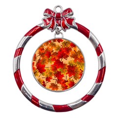 Wallpaper Background Autumn Fall Metal Red Ribbon Round Ornament by Vaneshart