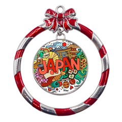 Earthquake And Tsunami Drawing Japan Illustration Metal Red Ribbon Round Ornament