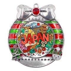 Earthquake And Tsunami Drawing Japan Illustration Metal X mas Ribbon With Red Crystal Round Ornament