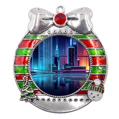 Digital Art Artwork Illustration Vector Buiding City Metal X mas Ribbon With Red Crystal Round Ornament by 99art