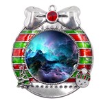 Abstract Graphics Nebula Psychedelic Space Metal X Mas Ribbon With Red Crystal Round Ornament Front