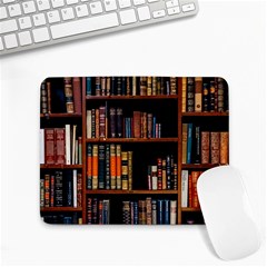 Assorted Title Of Books Piled In The Shelves Assorted Book Lot Inside The Wooden Shelf Small Mousepad by 99art