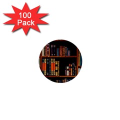 Assorted Title Of Books Piled In The Shelves Assorted Book Lot Inside The Wooden Shelf 1  Mini Buttons (100 Pack)  by 99art