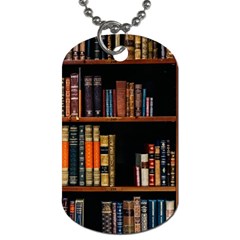 Assorted Title Of Books Piled In The Shelves Assorted Book Lot Inside The Wooden Shelf Dog Tag (two Sides) by 99art