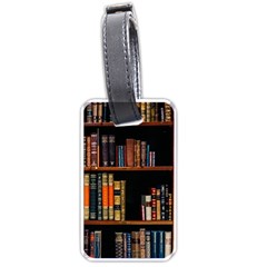 Assorted Title Of Books Piled In The Shelves Assorted Book Lot Inside The Wooden Shelf Luggage Tag (one Side) by 99art